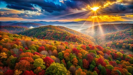 Obraz premium Aerial View of Vibrant Fall Foliage in Ozark Mountains with Light Rays