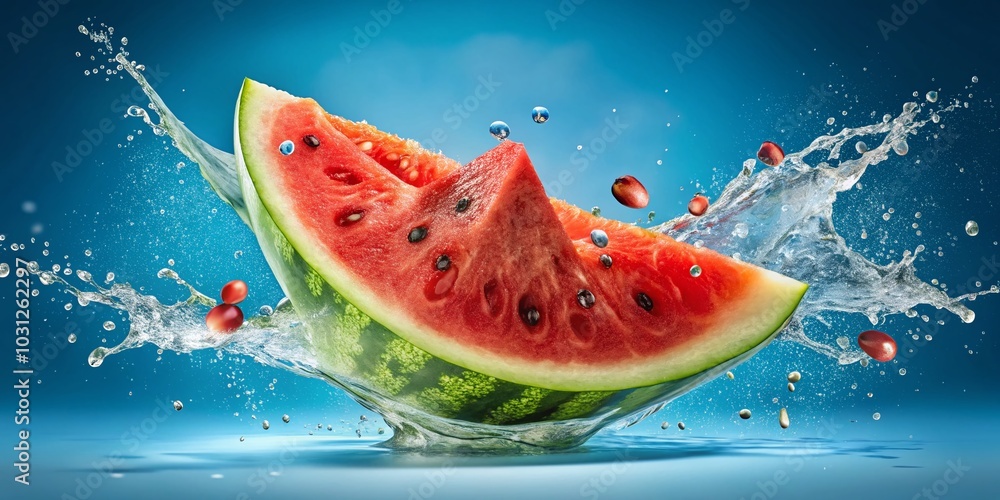 Poster aerial view of watermelon slice with splashing water for refreshing summer vibes
