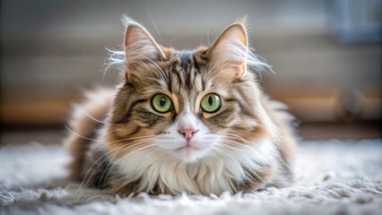 Naklejka premium Cat laying on the ground with fluffy fur and big eyes, cat, ground, fluffy, fur, eyes, pet, domestic animal, feline, relaxation