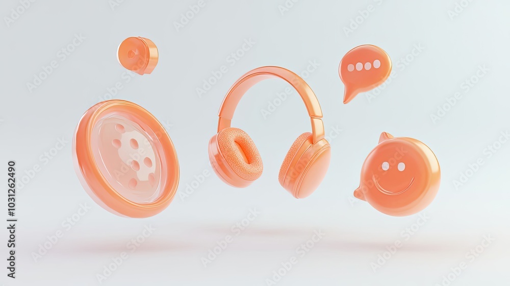 Poster orange headphones and chat icons floating in a minimalistic space generative ai