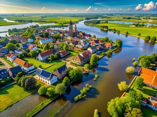 Aerial View of Woudrichem Overlooking the Flooded Merwede River Landscape in the Netherlands