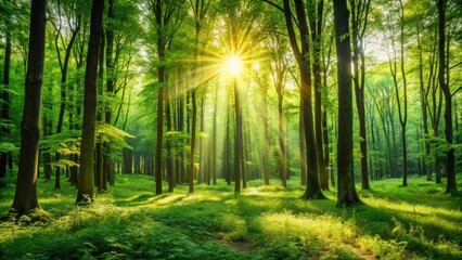 Obraz premium Panoramic view of a sunlit green forest , nature, trees, foliage, sunlight, rays, leaves, panoramic, scenery, woodland