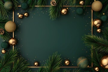 Frame made of fir tree branches, garland with lights and festive decorations on dark green background. Christmas and New Year celebration. Winter holidays. Top view, flat lay with copy space