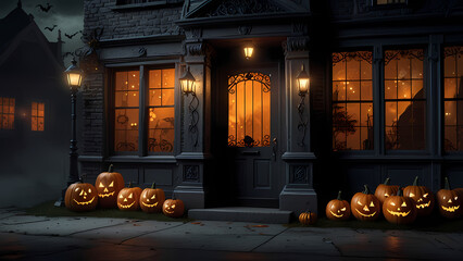 storefront view decorated for Halloween at the night