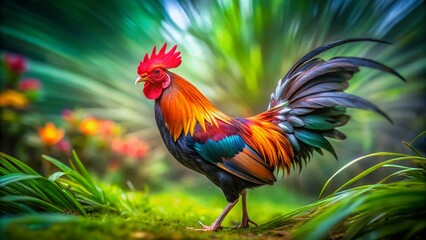 Fototapeta premium Agile Redcrested Black Rooster in Long Exposure - Stunning Indonesian Fighting Cock Photography