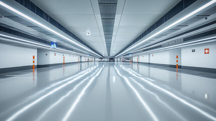 Modern underground parking lot with a white painted floor, LED lighting