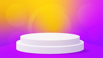 Yellow and purple bokeh circles background. Realistic white cylinder pedestal podium. vector rendering geometric forms design. minimal scene. production stage showcase, mockup product display.