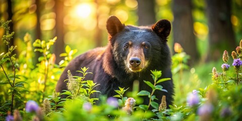 Fototapeta premium American Black Bear in Lush Forest Setting - Wildlife Photography
