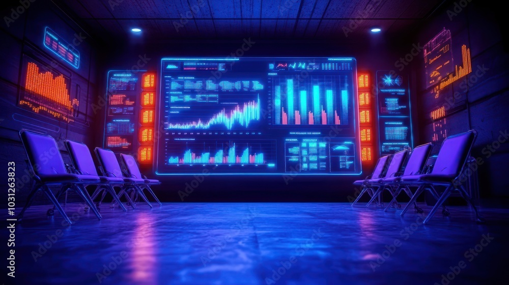 Poster futuristic data analysis room with visual graphs and seating.