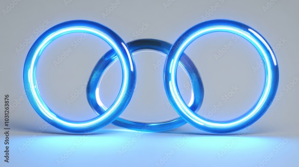 Poster illuminated blue neon circles arranged in a balanced display generative ai