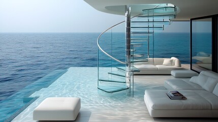 Obraz premium Modern spiral staircase by a serene oceanfront pool.