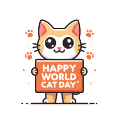 illustration of a cute cat holding a Happy World Cat Day banner