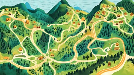 Obraz premium Hiking trail map vector illustration, showing a detailed map of a popular hiking trail, vibrant and informative