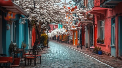 Naklejka premium A cobblestone street lined with colorful buildings and blooming cherry blossom trees.