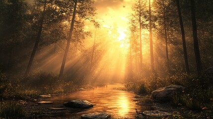 Golden rays of sunlight pierce through the canopy of trees, illuminating a tranquil forest stream at dusk.