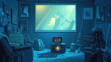 Home movie screening vector, depicting a projector setup for a special movie night at home, cozy atmosphere