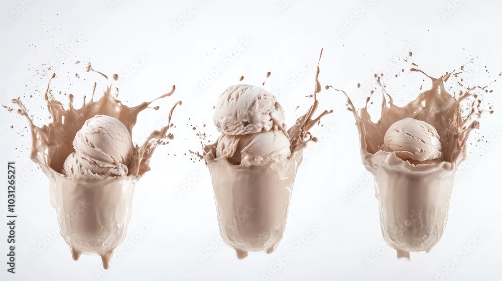 Aufkleber delicious ice cream splashes in three cups creating a tasty spectacle generative ai