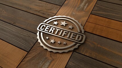 Certified emblem on wooden surface, symbolizing authenticity and quality assurance.