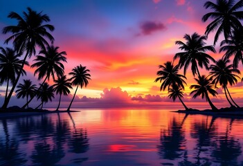 Paradise Sunset: A Tropical Scene with Palm Trees and a Vibrant Sky