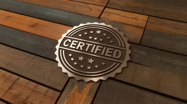 Bronze certified emblem on wooden surface, representing quality assurance.