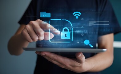 Person using a tablet with digital security features displayed.