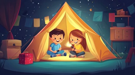 Indoor camping adventure vector, showing kids with flashlights in a homemade tent, cozy and fun