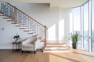 Fototapeta premium Modern interior with staircase, sunlight streaming through large windows.