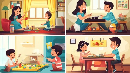 Indoor family fun vector illustrations, showing activities like board games, cooking sessions, and rainy day crafts