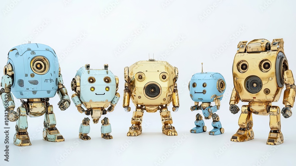 Poster friendly robots gathering for a cheerful assembly in a clean studio generative ai