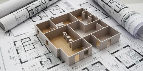Architectural model on blueprints, showcasing room layout and design elements.