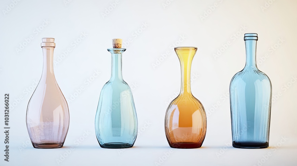 Poster colorful glass wine bottles in various shapes and sizes on display generative ai