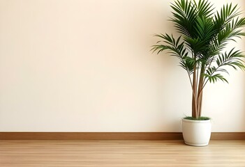 Fototapeta premium A white wall with a green plant in the corner, a white shelf, and a bright, natural light coming from the side