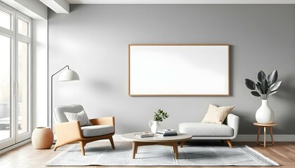 A modern living room with a blank frame wall art