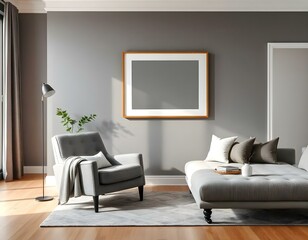 A modern living room with a blank frame wall art