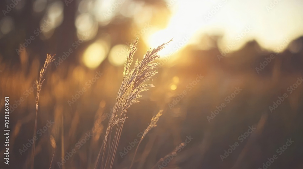 Poster a single blade of grass stands tall in a field as the sun sets in the background, creating a warm an