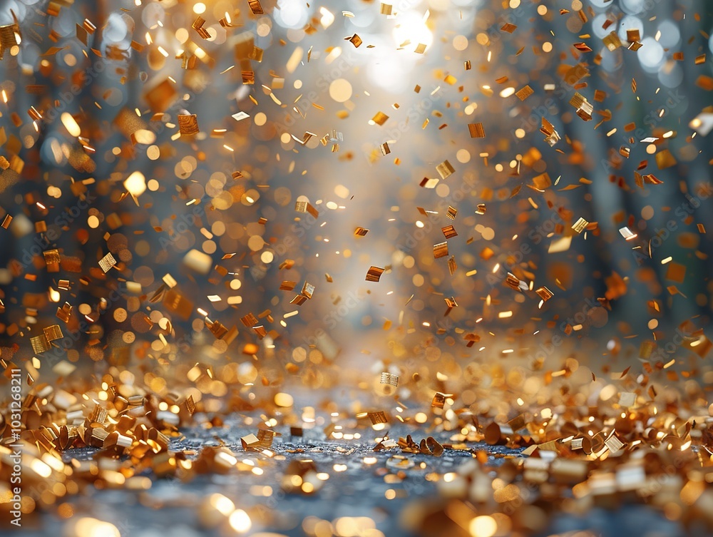 Poster a shimmering scene filled with golden confetti, creating a festive atmosphere in a natural setting.