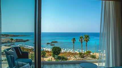 Fototapeta premium Beautiful view from the window to the sea and palm trees.