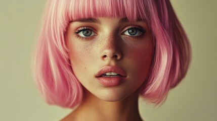 Fototapeta premium Portrait of a woman with pink hair and freckles, close-up. Beauty and fashion concept