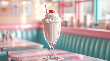 Pink diner with vanilla milkshake and cherry on top, retro setting. Nostalgic 1950s American diner concept