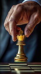 Chess player holding golden king piece in hand