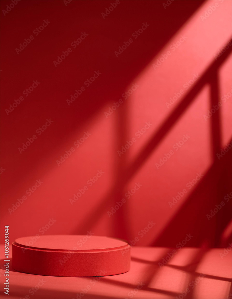 Poster abstract red studio background for product presentation. backdrop with shadows of window for display