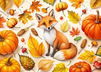 Fototapeta premium Autumn Landscape with Fox, Pumpkins, Leaves, and Mushrooms for Seasonal Decor