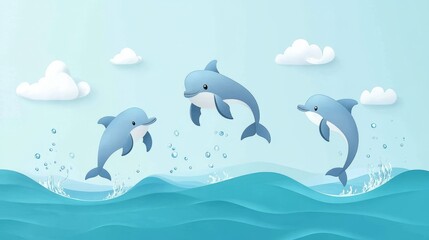 Cute Cartoon Dolphins Jumping Over Waves