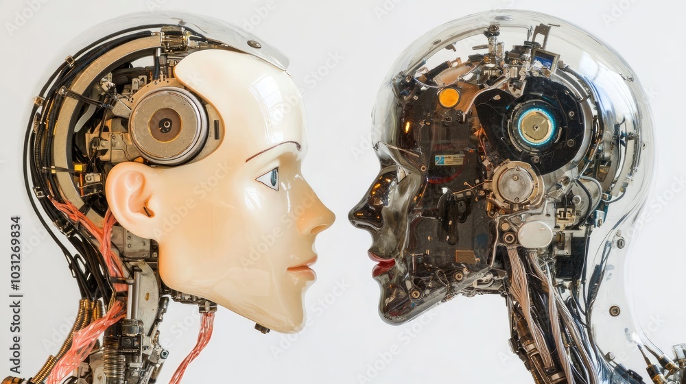 Poster humanoid robots engage in a contemplative interaction in a lab generative ai