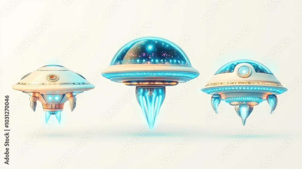 Poster futuristic flying saucers with glowing lights in a minimalist setting generative ai