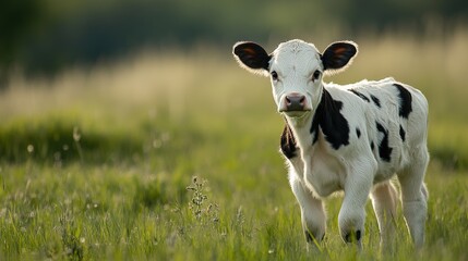 A white baby cow with black dots stands gracefully in its natural habitat, surrounded by lush green fields and peaceful nature. The gentle creature stands out against the vibrant backdrop