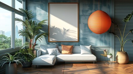 A modern living room with plants, a sofa, and an orange lantern, creating a cozy atmosphere.