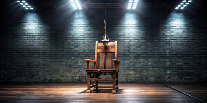 Ominous wooden electric chair in dim, foreboding prison setting, prison, electric chair, ominous, dark, wooden, vintage