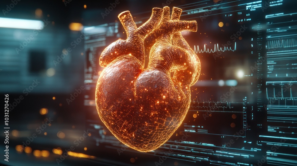Poster 3d glowing heart model with digital data background.