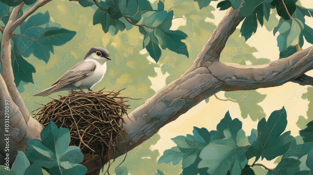 Aufkleber a small bird perched on a nest in a tree, with leaves and branches in the background.